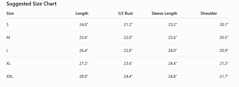 Size guide t-shirt